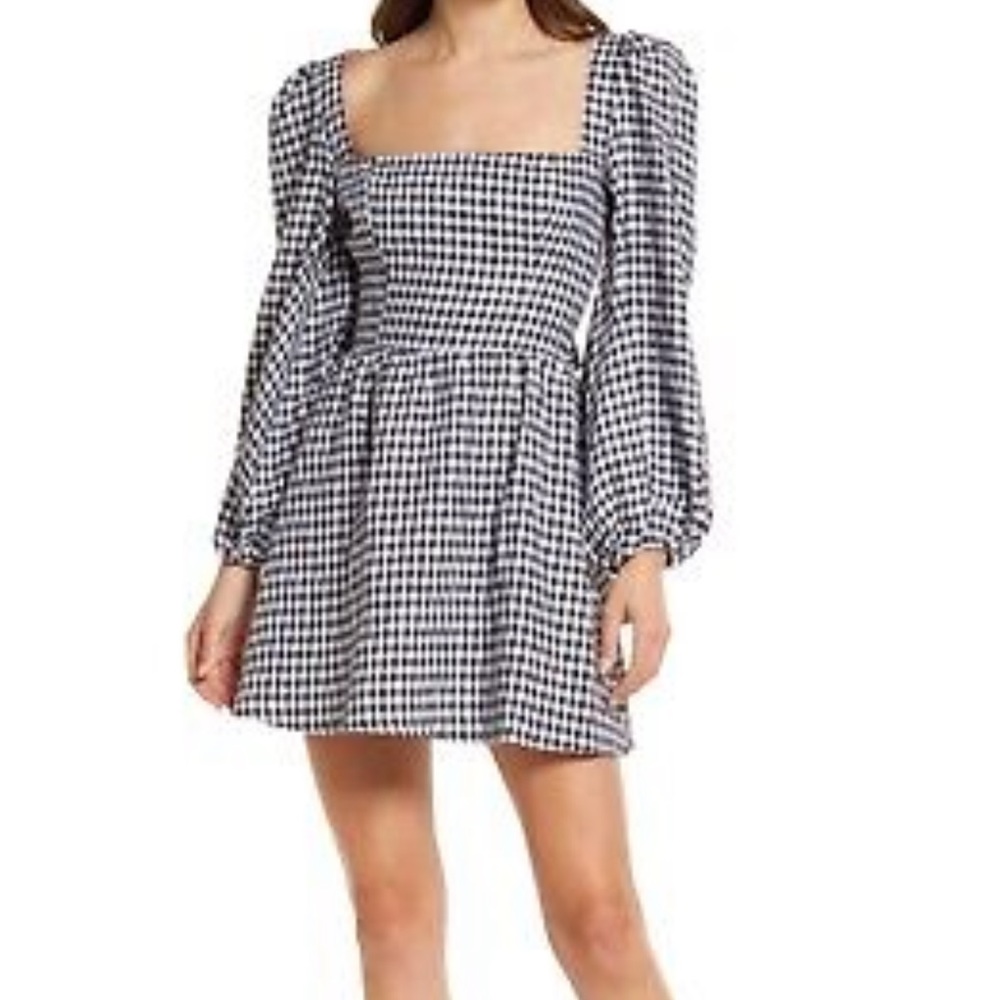 Reformation Brodie Linen Puff Sleeve Mini Dress black and white gingham print